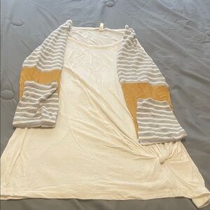 Striped Gray and Yellow Cardigan with Cream Top